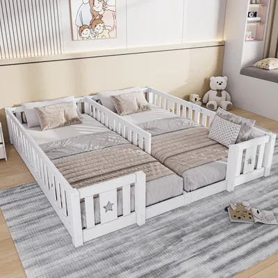 Zdjęcie produktu dla UnboxG Białe łóżko dziecięce z litego drewna z barierkami ochronnymi – zestaw 2 sztuk, do materacy 90x200 cm, bezpieczne dla dzieci, łatwe w montażu, nowoczesny design