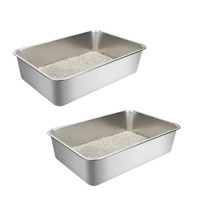 Two identical stainless steel litter boxes filled with litter, presented on a white background.