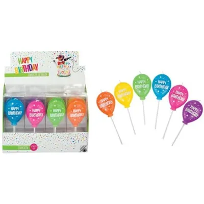 A display box of birthday candles shaped like balloons, with loose candles of the same design scattered to the right.