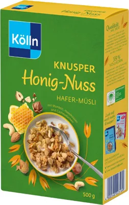 A product shot of a cereal box with a bowl of cereal and ingredients depicted on the front.