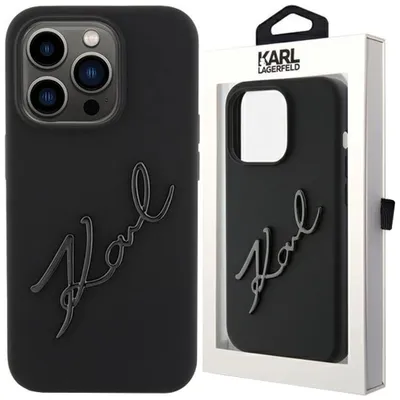 A black Karl Lagerfeld phone case is shown next to its packaging.