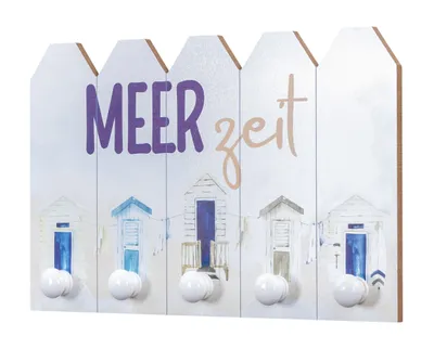 Produktbild von Wandgarderobe L40cm Meerzeit Blau Weiß Holz Maritim 5 Haken Wandbild Wanddeko Wandhaken Hakenleiste