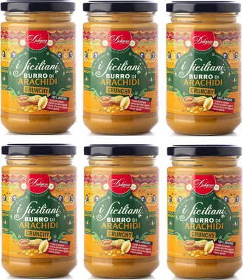 Produktbild von 6x Dolgam I Siciliani Burro di Arachidi Crunchy Knusprige Erdnussbutter Sizilianische Spezialitäten Glasgefäß von 300g Streichfähige Knusprige Erdnussbutter Glutenfrei