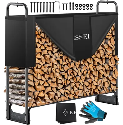 Image de KESSER® Étagère à bois de cheminée en métal Étagère à bois de chauffage extérieure Cadre en acier + couverture & gants Abri à bois de cheminée 200kg Stockage de bois étanche Aide à l'empilage de bois pour jardin terrasse