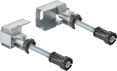 Two metal brackets with adjustable threaded rods and plastic anchors.