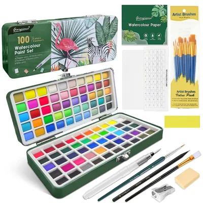 Image de Solidchoice - Coffret de peinture comprenant 100 couleurs, une palette et des pinceaux - Set de peinture à l'aquarelle portable