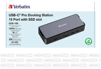 Produktbild von Verbatim CDS-15S, Kabelgebunden, USB 3.2 Gen 1 (3.1 Gen 1) Type-C, 100 W, 3,5 mm, 1000 Mbit/s, Schwarz, Grau