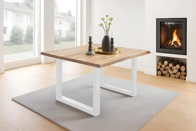 Produktbild von Esstisch Baumkante massiv Akazie eichefarben 90 x 90 weiß NIAH