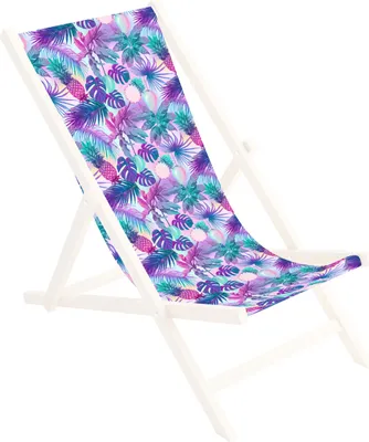 A sling chair with a tropical leaf and pineapple pattern.