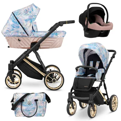 Image de Kunert Ivento Premium 3in1 Poussette rose/multicolore avec cadre doré et design vert pastel