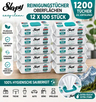 Produktbild von Sleepy Easy Clean Oberflächenreinigungstücher Mountain Breeze 12x100 STÜCK, KI-generiertes Bild