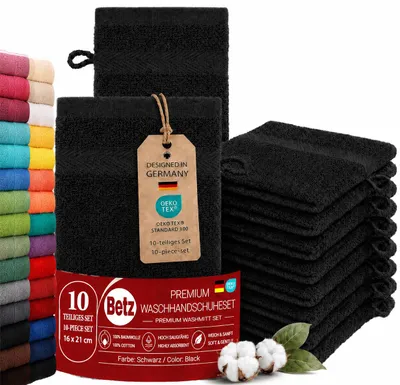 Produktbild von Betz 10 Stück Waschhandschuhe 16x21 cm PREMIUM 100% Baumwolle  Farbe: schwarz