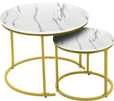 Two round nesting coffee tables with marble-like tops and gold metal frames against a white background.