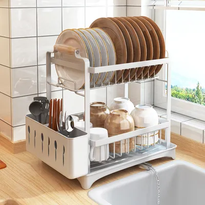 Image de Égouttoir Séchoir à vaisselle avec égouttoir Panier à couverts pour cuisine Blanc