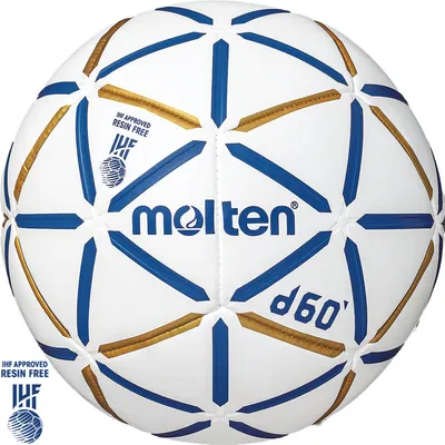 A white handball with blue and gold accents, featuring brand logos and text.
