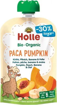 Produktbild von ALPAKA-KÜRBSPÜREE (KÜRBIS – PFIRSICH – BANANE – HAFER) OHNE ZUCKERZUSATZ GLUTENFREI AB DEM 6. MONAT DEMETER  100 g – HOLLE