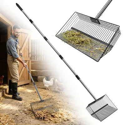 Productafbeelding van Ikodm Kippenschop, accessoires voor kippenstallen, 4-in-1 zeefschop, verstelbare kippenschop 91-190 cm, metalen reinigingsgereedschap voor kippenstallen, kippenpoepschep