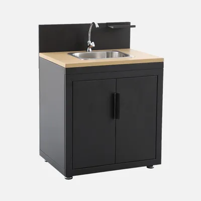 Immagine prodotto di Modulo cucina da esterno in acciaio e decorazione in legno 1 lavello 2 ante 1 gancio, 80cm, Nero