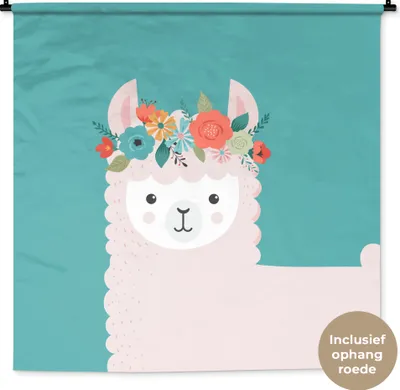 Produktbild von MuchoWow® Wandteppich Wandbehang Lama - Blumen - Kinder 150x150 cm Tapisserie Dekoration Wandtuch - Wohnaccessoires - Modernes