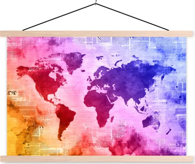 Produktbild von MuchoWow® Textilposter Weltkarte - Aquarell - Regenbogen 60x40 cm mit holzfarbenen Rahmen - Bilder
