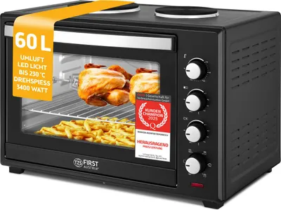 Produktbild von TZS First Austria - Minibackofen mit Kochplatten 60L 3200 W - Mini Backofen Pizzaofen mit Herdplatten bis 230°C & 6 Heizmodi - Miniofen Kombigerät mit 4 Einschubhöhen & hochwertigem Zubehör