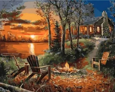 Produktbild von Malen nach Zahlen: Haus mit Kamin bei Sonnenuntergang, 40x50 cm, auf Leinwand auf Keilrahmen