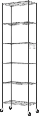 Image de étagère métallique à 6 niveaux, réglable en hauteur, avec roulettes et crochets, 54x29x175cm, noir