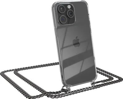 Produktbild von EAZY CASE Metall Handykette für Apple iPhone 15 Pro Max, Handyhülle mit Umhängeband, Silikonhülle, Metallkette für Smartphone in Grau