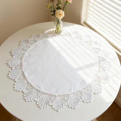 Productafbeelding van Ronde tafelonderleggers, 60 cm, beige, polyester, bladmotief, geborduurd