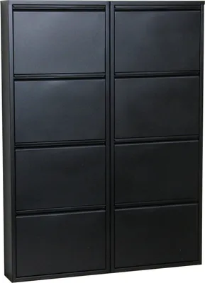 A black metal shoe cabinet with eight flip-down doors.