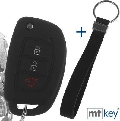 Produktbild von Auto Schlüssel Silikon Schutz Hülle + Schlüsselband Schwarz Kompatibel mit Hyundai i10 i20 ix25 ix35 i40 Accent Tucson 3 Tasten Klappschlüssel