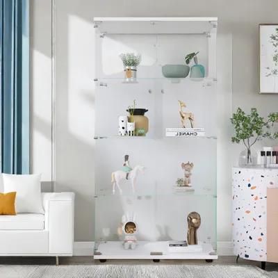 Produktbild von Zweitüriger Glasvitrinen-Schrank mit 4 Türen und Regalen, Bodenständiger Vitrinen-Schrank für Bücher und Kuriositäten, geeignet für Wohnzimmer, Schlafzimmer und Büro, 64,7" * 31,7" * 14,3", Weiß