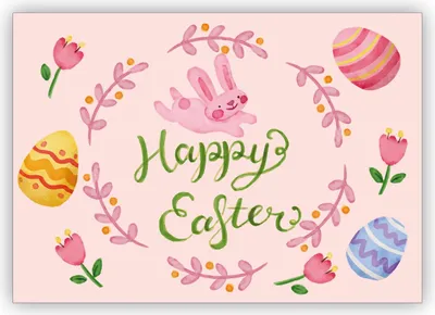 Produktbild von Entzückende handgemalte Osterkarte mit Tulpen, Ostereiern und Häschen in rosa "Happy Easter"