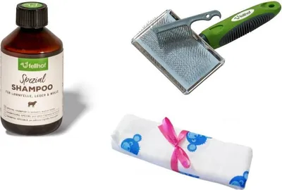 Produktbild von Fellhof Set Lammfellbürste + Reinigungskamm + Spezialshampoo für Lammfelle 250ml TOP