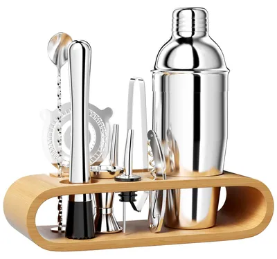 Cocktailset 10-teilig, 750 ml Edelstahl-Shaker mit Holzständer, silber