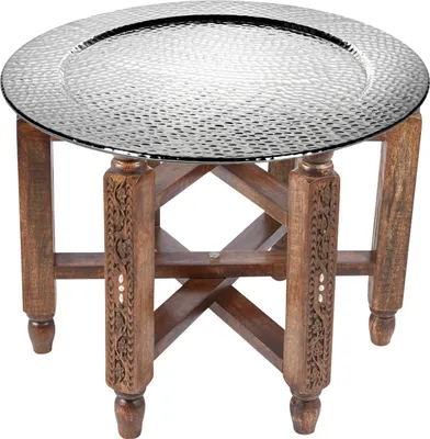 Produktbild von Marokkanischer Runder Tisch Couchtisch Halab ø 60cm rund | Orientalischer Wohnzimmertisch mit klappbaren Vintage Gestell aus Holz in Braun | Tablett Nizza Klapptisch ist aus Metall Silber