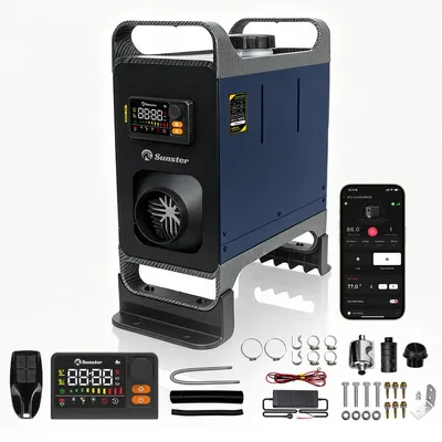 Zdjęcie produktu dla 8 kW, olejowy piec powietrzny 12V/24V/240V AC z wyświetlaczem LCD i Bluetooth, tryb wentylacji, przedłużacz do kabiny ciężarówki, kampera, domu i garażu