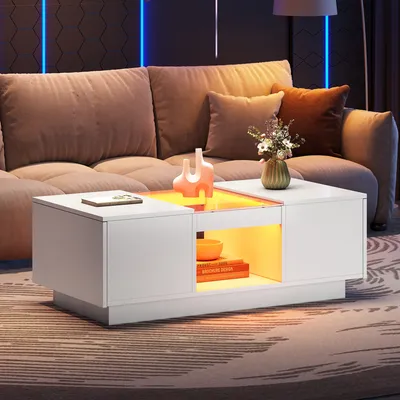 A modern living room with a couch and a coffee table.