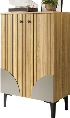 Produktbild von Moderner Holz Schuhschrank mit Türen – Platzsparender Schuh-Organizer mit Regalfächern, Stauraum & schwarzem Metallgestell, elegantes Design für Flur, Wohnzimmer & kleine Räume