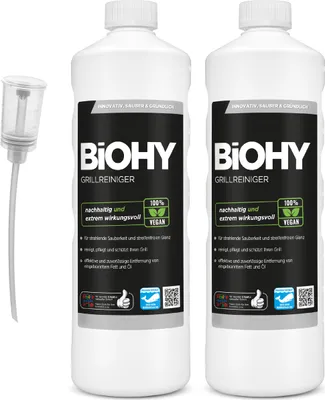Produktbild von BiOHY Grillreiniger (2x1l Flasche) + Dosierer | Reiniger für Holzkohle-, Gas- und Elektrogrill | Aktivschaum gegen angebranntes Fett und Öl | Materialschonend, effektiv und nachhaltig