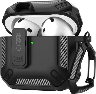 A black protective case for Apple AirPods, with the AirPods inside and the case open.