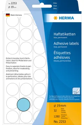 Obrázok produktu pre HERMA papier - permanentný samolepiaci - modrý - 19 mm okrúhly 1280 štítkov (32 listov x 40)