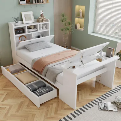 Image de Lit de jeunesse Fliek 90x200 cm avec table rabattable réglable, lit pour enfant, lit simple avec tiroir, lit classique en bois avec étagère à la tête, blanc