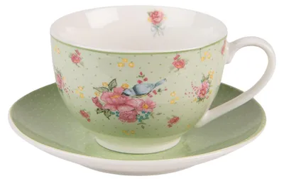 Image de Clayre & Eef Tasse avec soucoupe 200 ml Vert Beige Porcelaine Fleurs