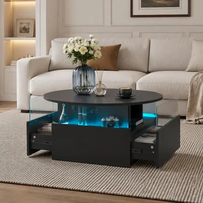Produktbild von Radelldar Runder höhenverstellbarer Couchtisch mit LED-Beleuchtung, Stauraum und 2 Schubladen, 78 x 78 x 40 cm, Schwarz