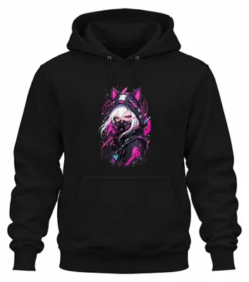 Productafbeelding van Cyberpunk anime meisjes gasmasker techwear Japan Y2K manga hoodie, zwart, maat M