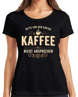 Immagine prodotto di T-shirt da donna, nero, taglia XL. Scritta: "Non parlatemi prima del primo caffè." (Stile sarcastico)