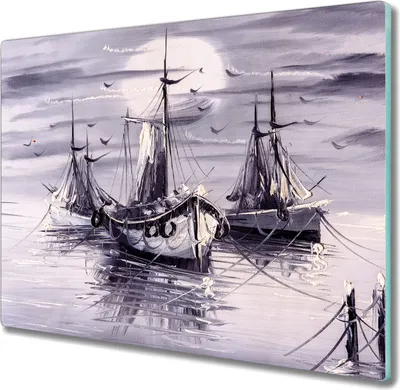 Produktbild von Coloray Küchenbrett Kochplattenabdeckung Hackbrett Schneidebrett Herdabdeckplatte 60x52 cm - Mond Nacht Seeschiffen
