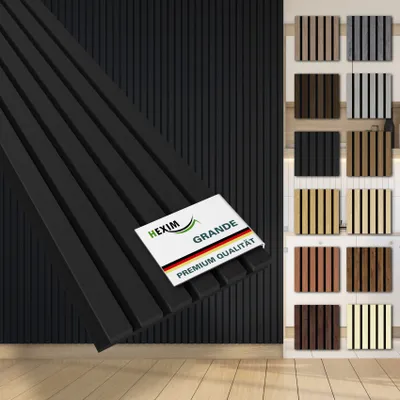 Produktbild von HEXIM Akustikpaneele Musterstück Holz Grande - XXL Wandpaneele Platten Lamellen Holzpaneele Echtholzfurnier 21mm Filz Schalldämmung MDF Schwarz (Black Ash)