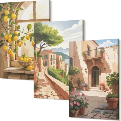 Produktbild von Leinwandbild – Wandbild – Leinwandbilder – Kunstdruck – Polycanvas – Modern – Mehrteilig – 3-Teilig Set – Hochwertig – Geruchslos – Lichtecht – Fertig Aufgespannt – 20x30 Cm Je Teil - Zitrusfrüchte in der Küche mit Blick auf das Meer und die charmante Stadt
